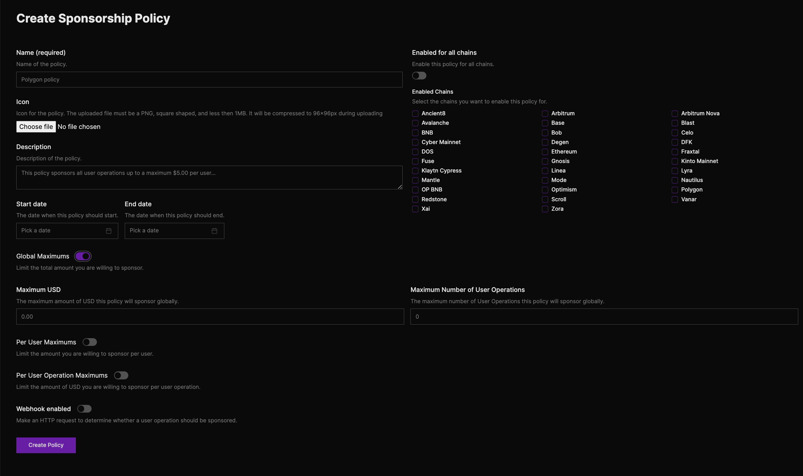 A screenshot of the Pimlico dashboard with the sponsorship policy viewer open