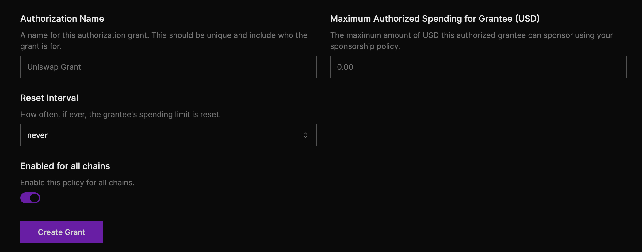 A screenshot of the spending authorization creation form