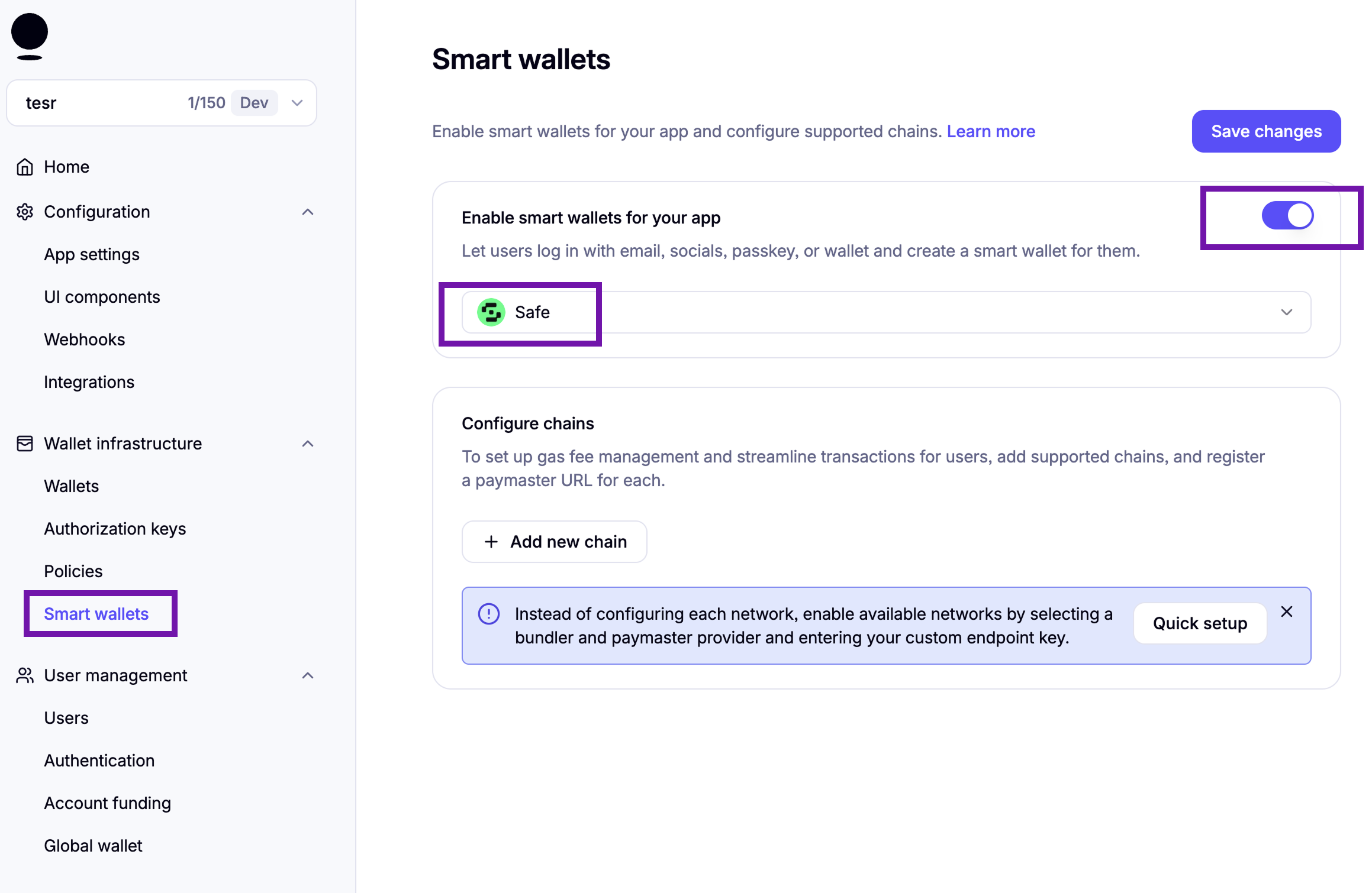 Smart wallets section in Privy dashboard